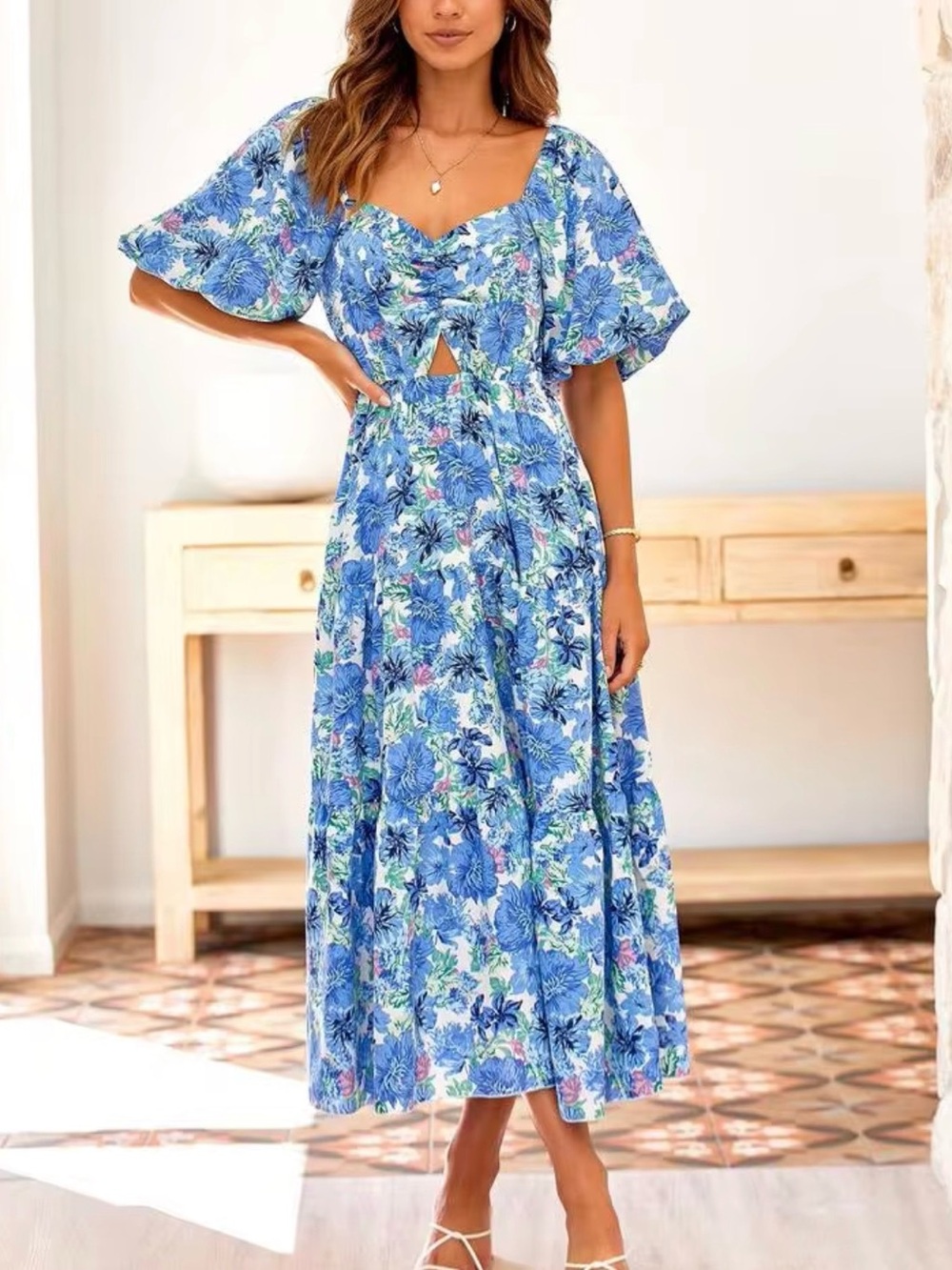Blue Floral Puff-Sleeve Midi Dress